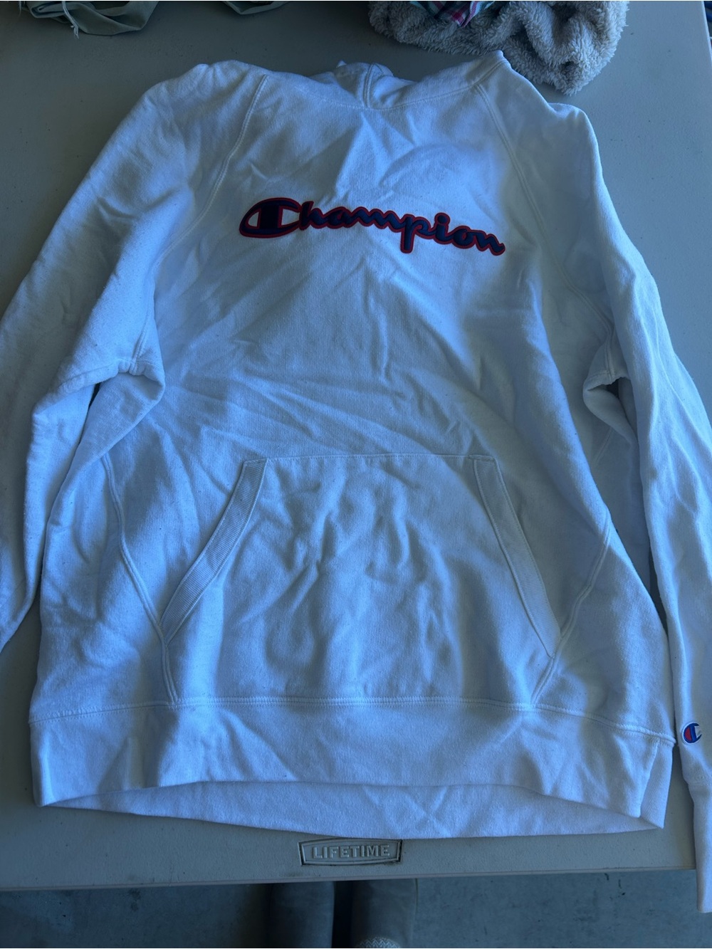 Champion White Sweatshirt with Red & Navy Logo